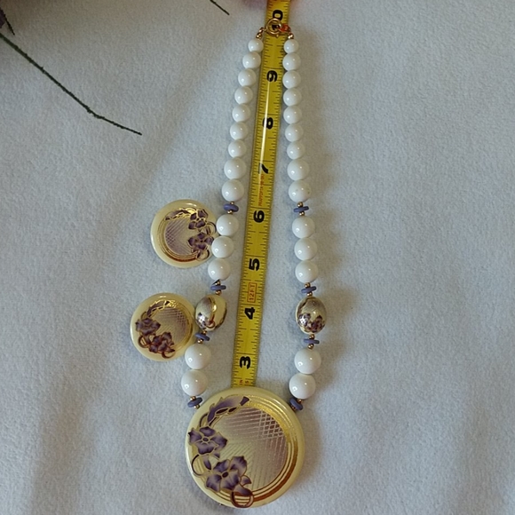 3 Pc Vintage Necklace Earring Set Porcelain Painted Beads Petunia Purple Pierced - Picture 7 of 8